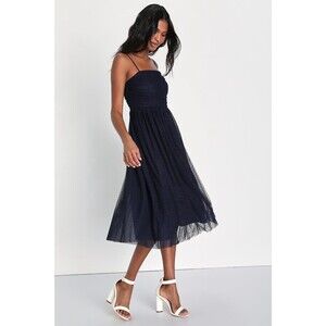 Lulus Darling Sweetheart Navy Blue Swiss Dot Ruched Midi Dress Size Small